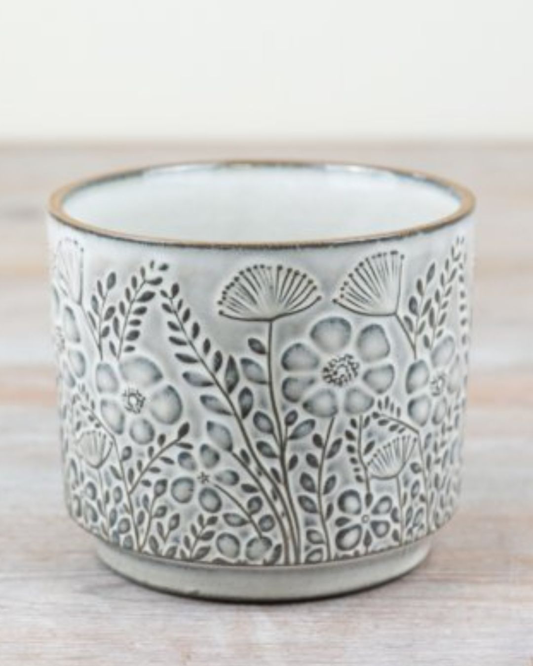 White Ceramic Embossed Flower Pot