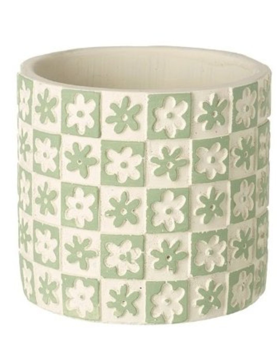 Green and White Ceramic Embossed Flower Pot